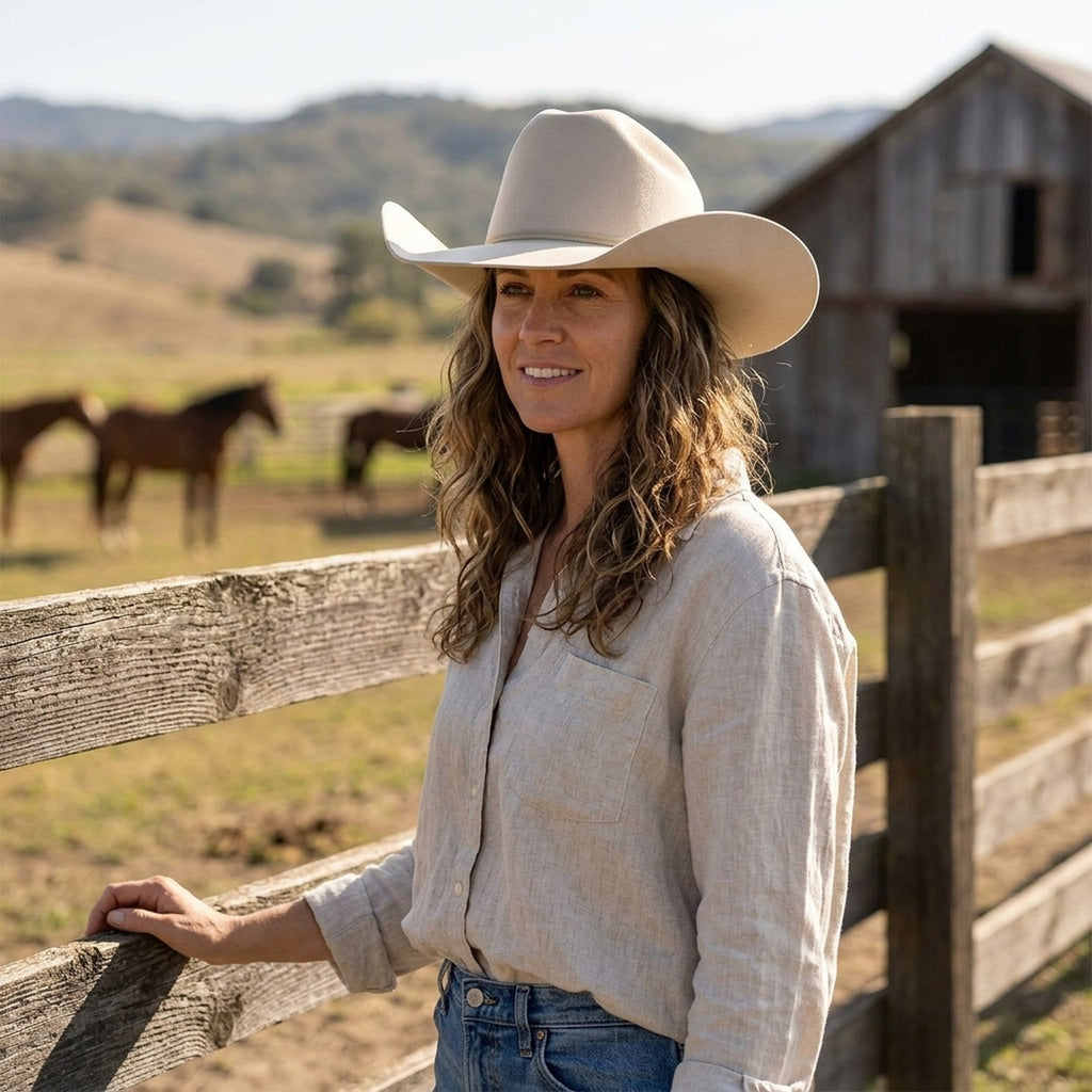 Unisex Cream Wool Felt Cowboy Hat with Ribbon Bow Detail