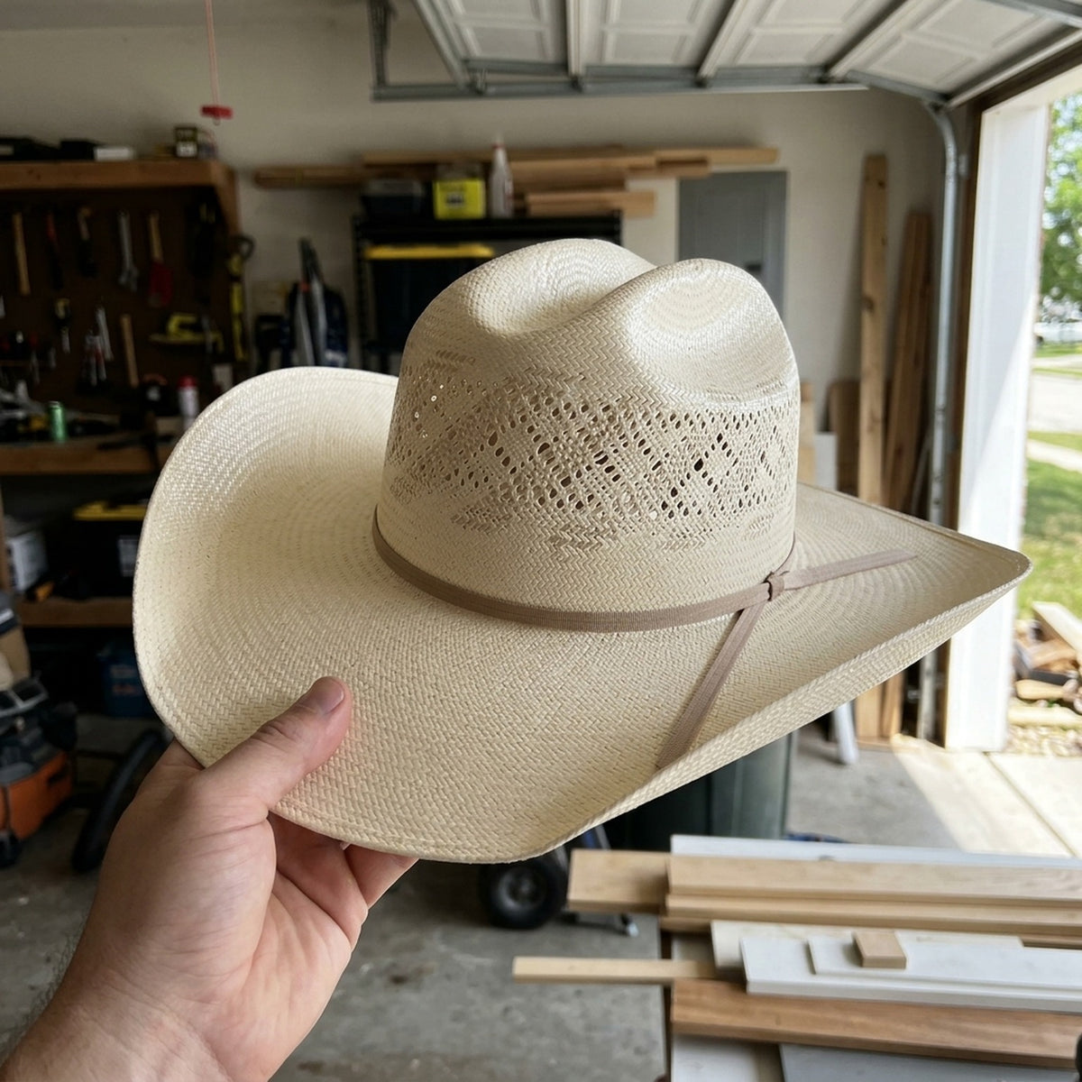 Cream Straw Cowboy Hat with Vented Openwork Crown Detail