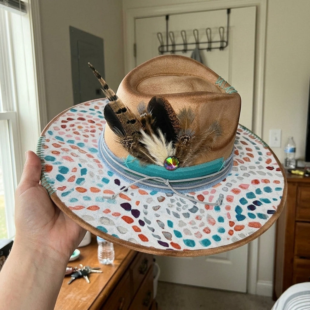 Tan Festival Fedora with Painted Confetti Brim and Feathers