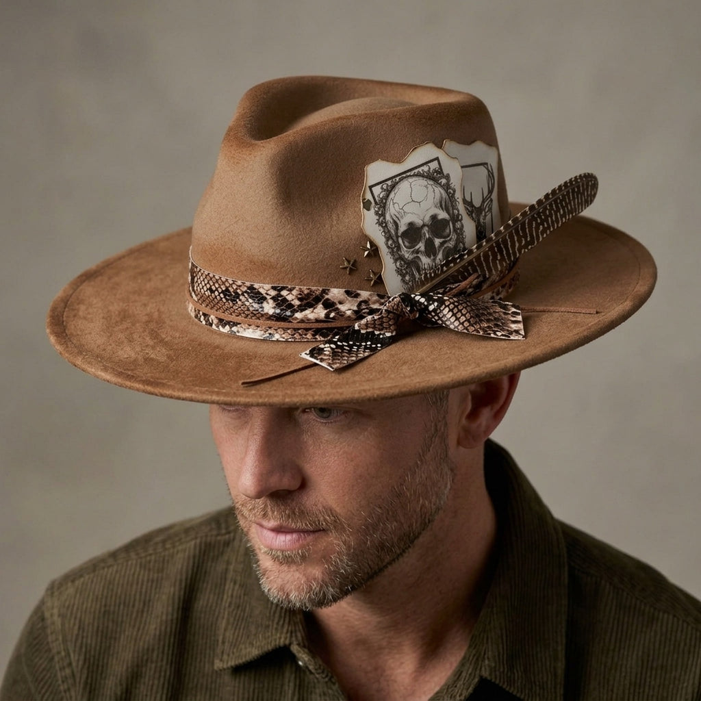 Tan Fedora Skull Playing Cards Snake Print Ribbon Feather Western