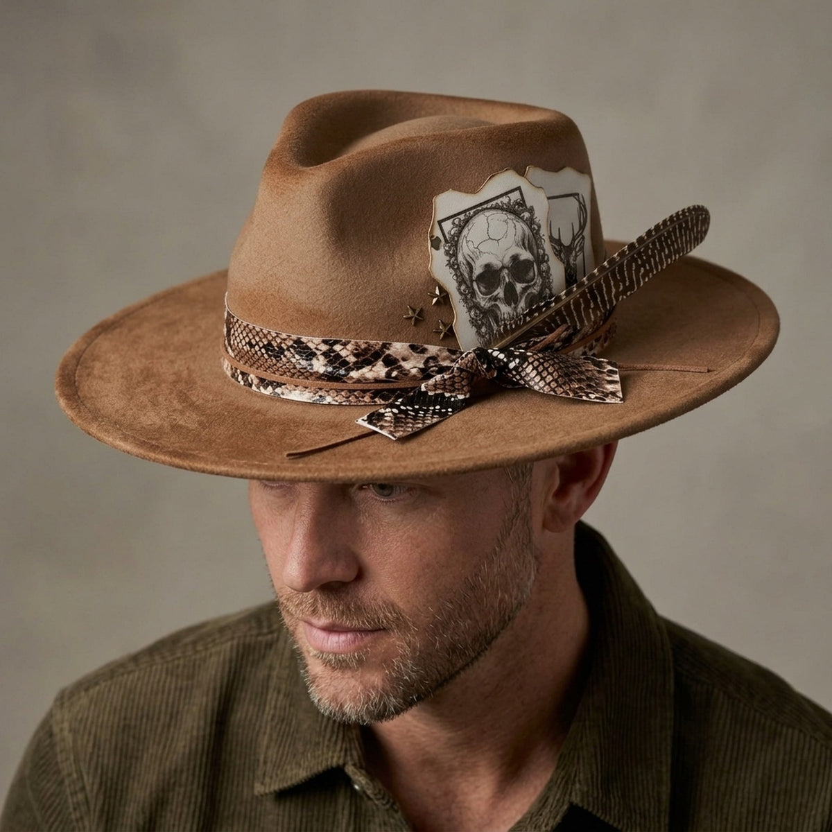 Tan Fedora Skull Playing Cards Snake Print Ribbon Feather Western