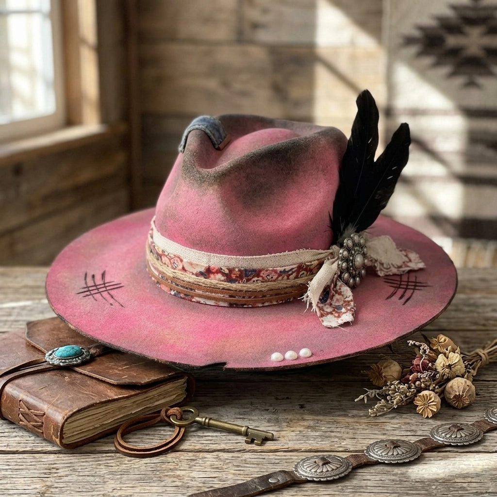 Boho Pink Fedora with Black Feathers and Pearl Accents