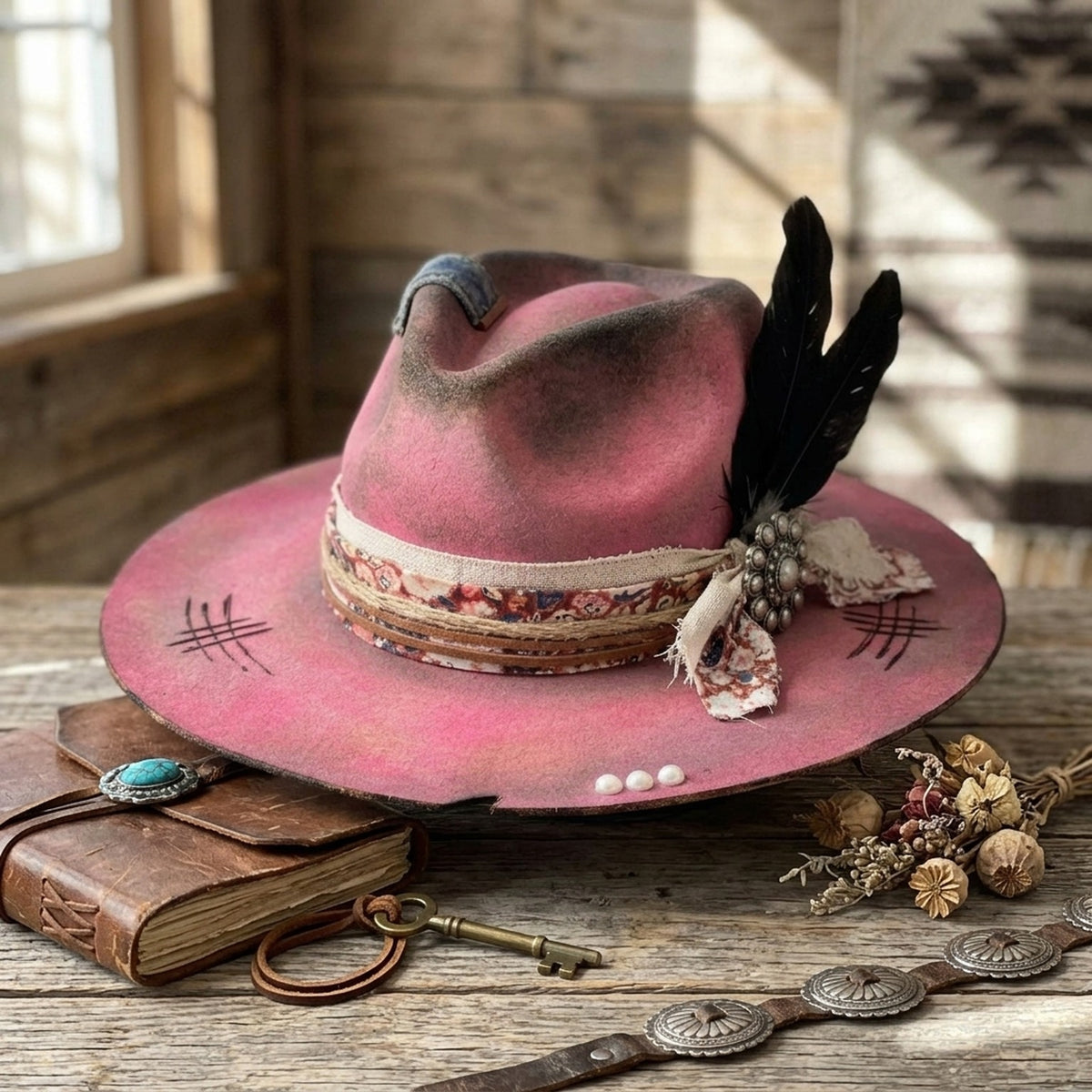 Boho Pink Fedora with Black Feathers and Pearl Accents