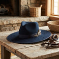 Navy Blue Wide Brim Felt Hat with Star Cutouts and Feather