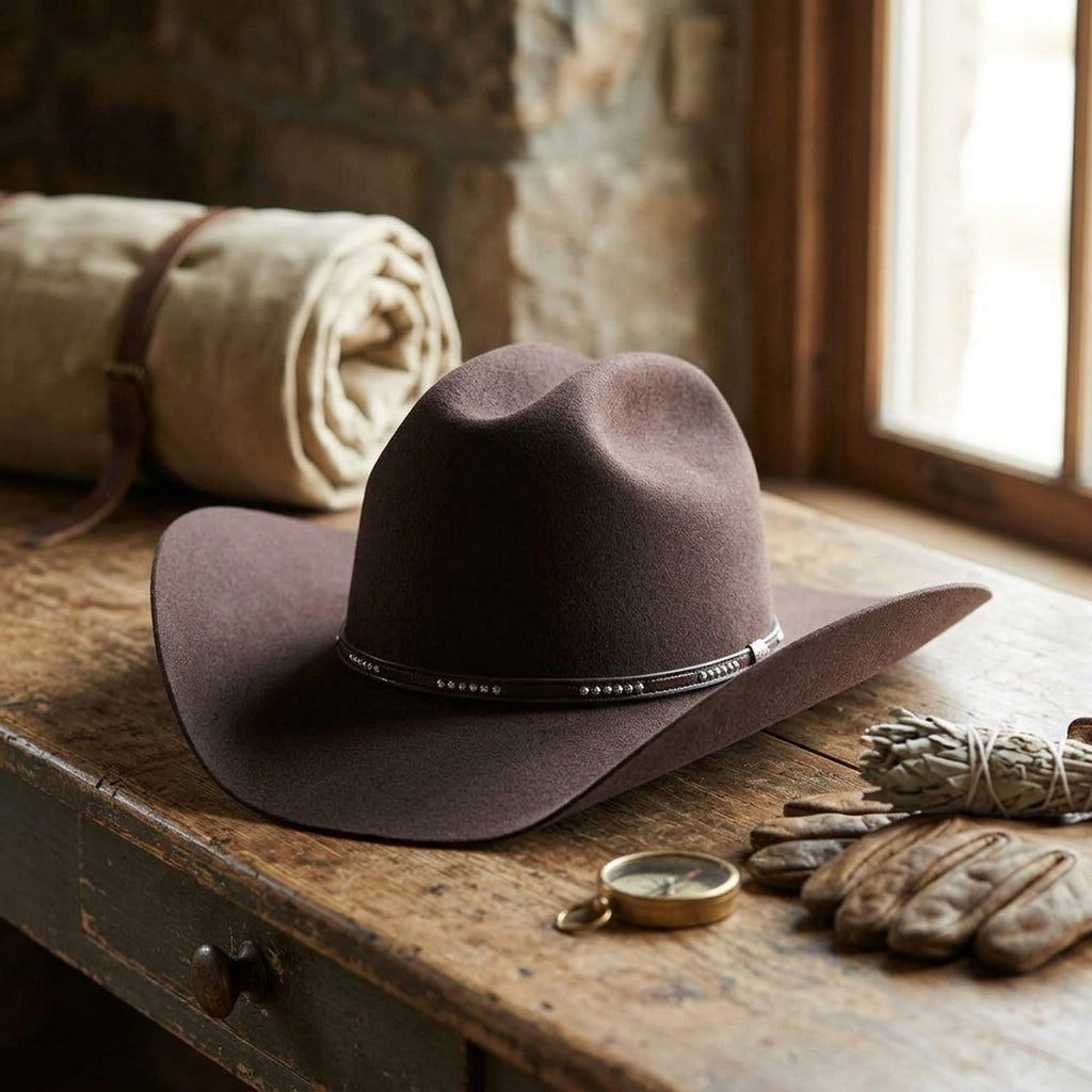 Dark Brown Felt Cowboy Hat with Rhinestone Embellished Band