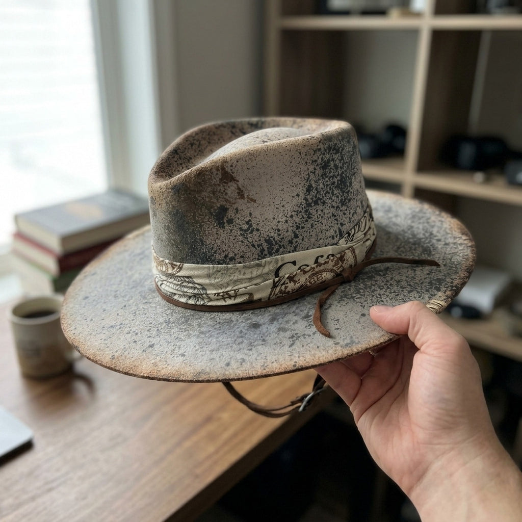 Distressed Gray Fedora with Map Band and Leather Chin Strap