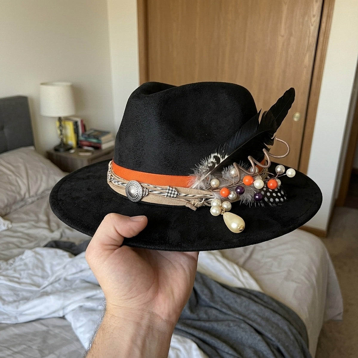 Black Glam Fedora with Pearl Drop, Feathers and Orange Ribbon