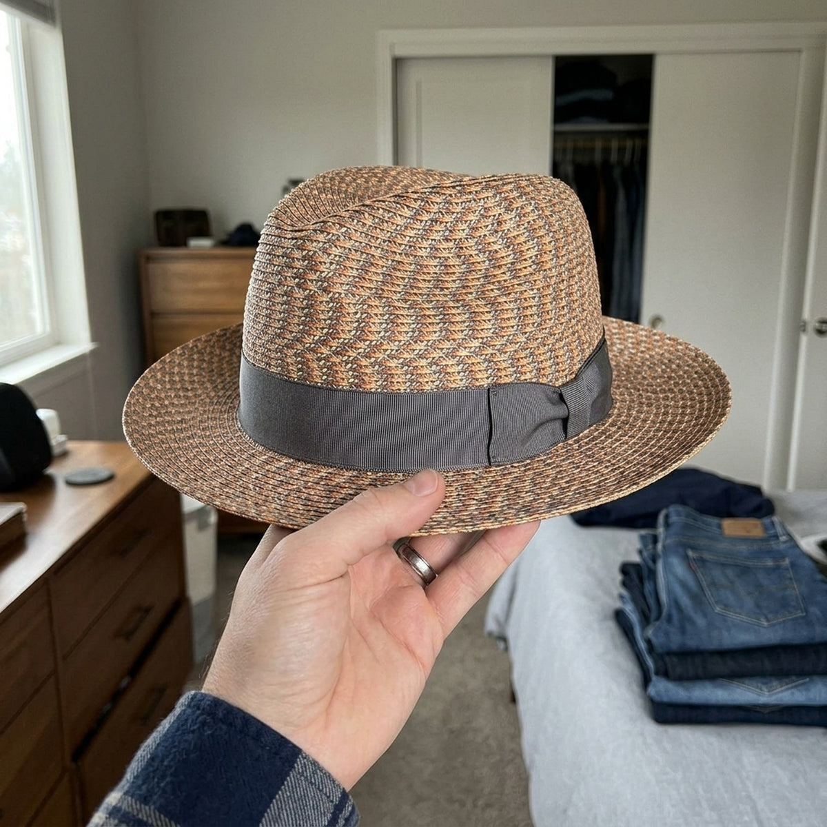 Multicolor Woven Straw Fedora with Herringbone Pattern Band