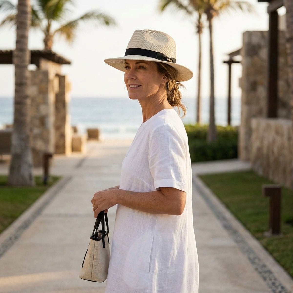 Off White Straw Fedora with Black Grosgrain Band, Classic Summer