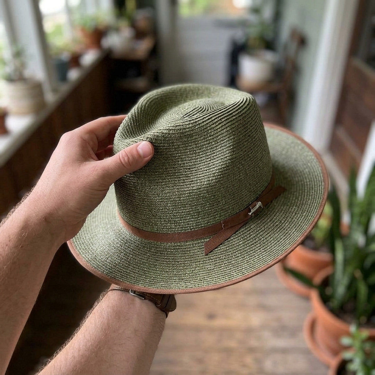 Sage Green Straw Fedora with Leather Buckle Detail