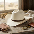 Ivory Straw Western Hat with Braided Brown Leather Band
