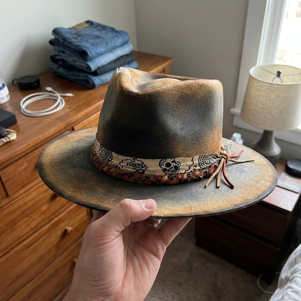 Distressed Olive Felt Fedora Paisley Bandana Braided Cord