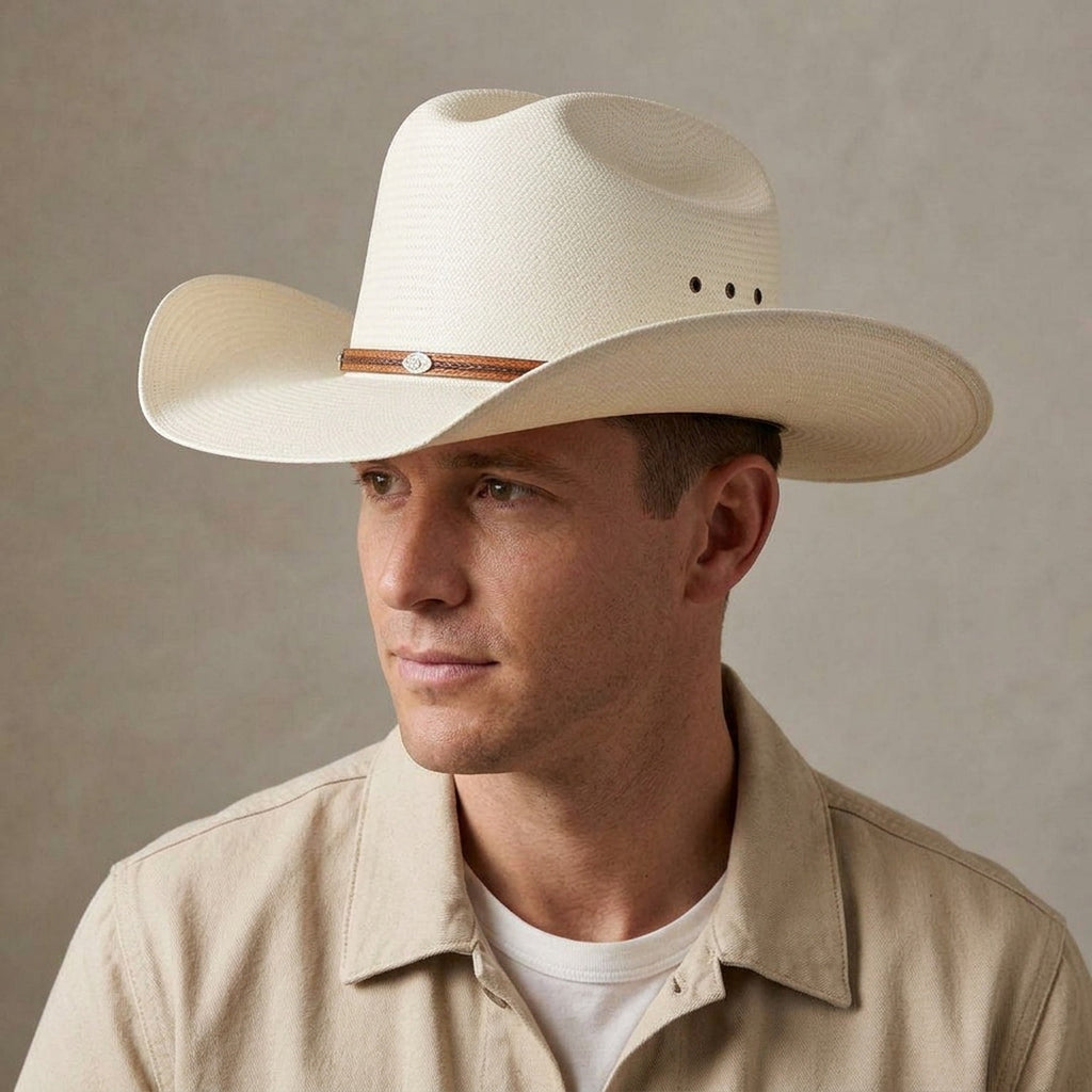 Unisex White Straw Cowboy Hat with Braided Leather Concho Band