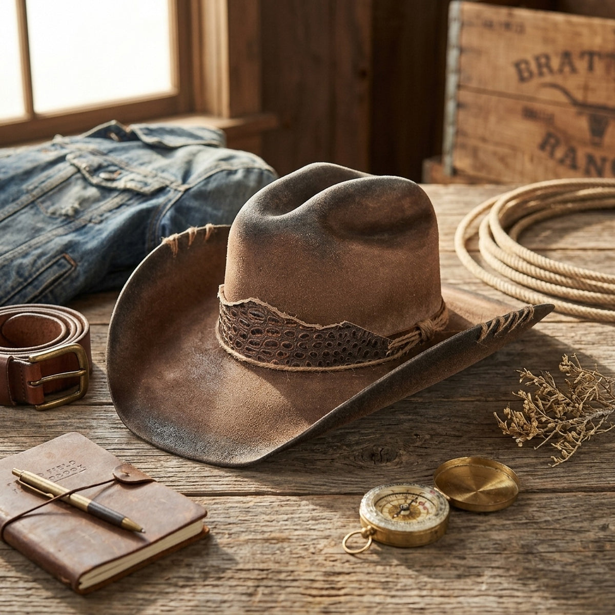 Distressed Brown Felt Cowboy Hat with Croc Leather Band