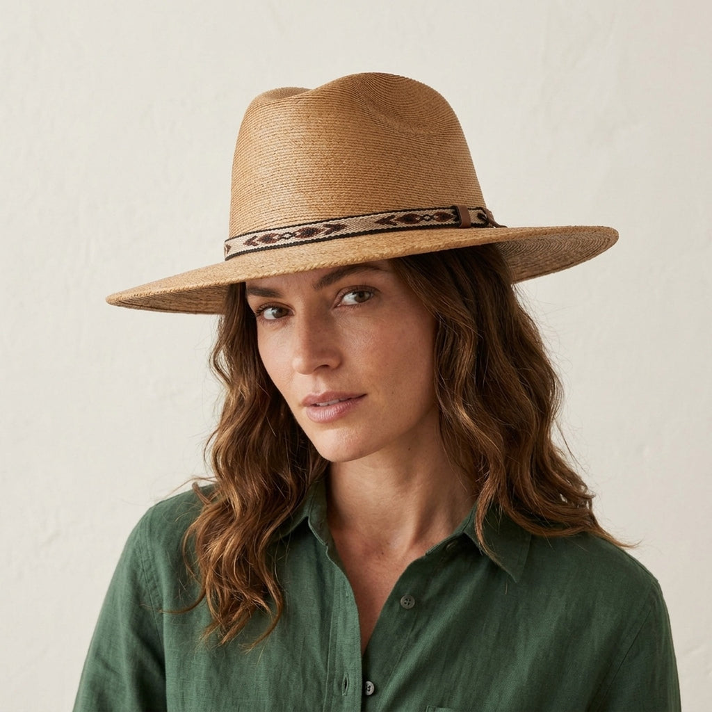 Copper Tan Straw Fedora with Woven Patterned Band, Southwestern Boho