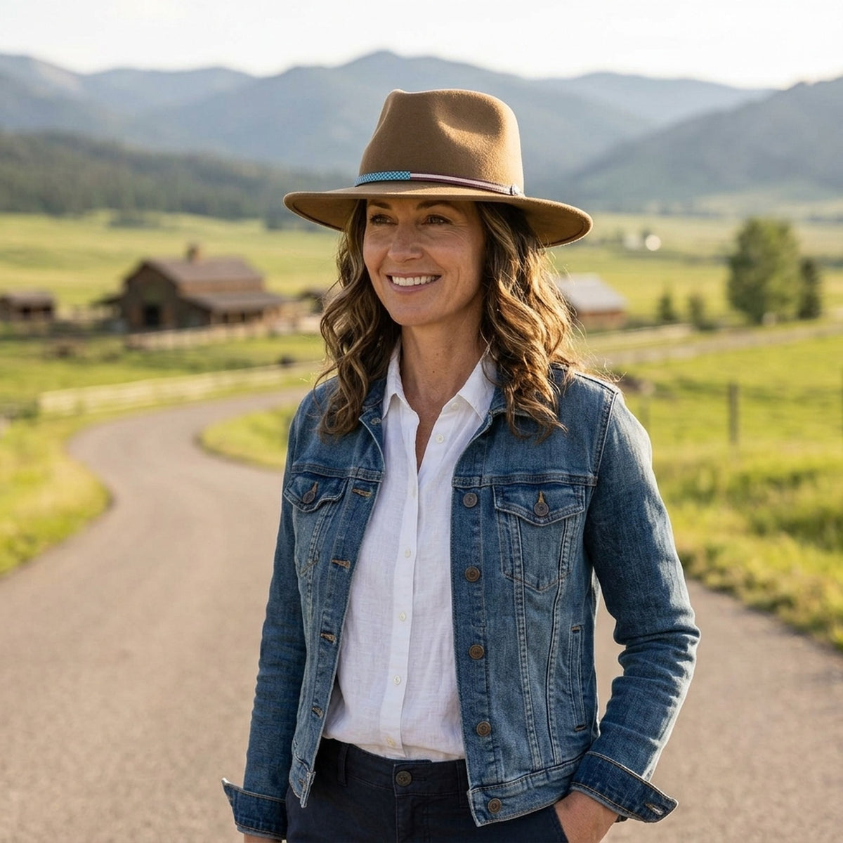 Camel Tan Felt Fedora with Turquoise Checkered Band, Festival Style