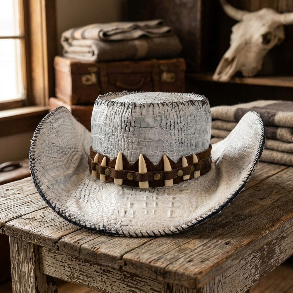 White Crocodile Cowboy Hat Tooth Stud Band Western Statement Hat