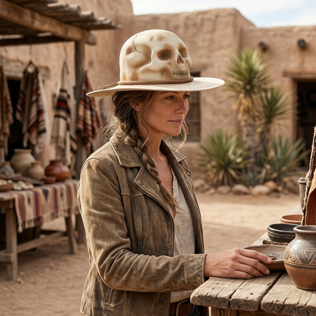 Beige Skull-Crown Fedora with Braided Leather Band Detail
