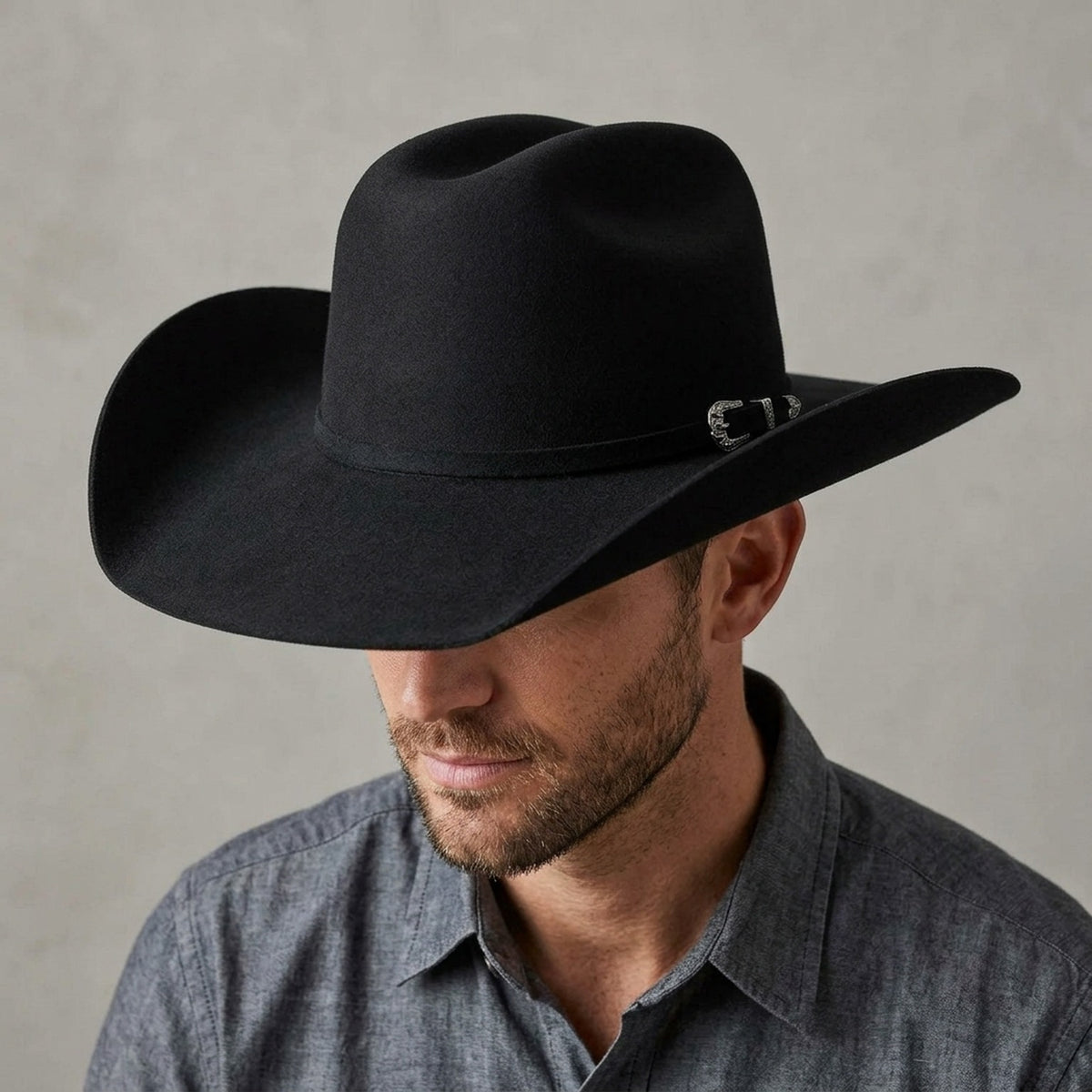 Unisex Black Wool Felt Cowboy Hat with Silver Charm Accent