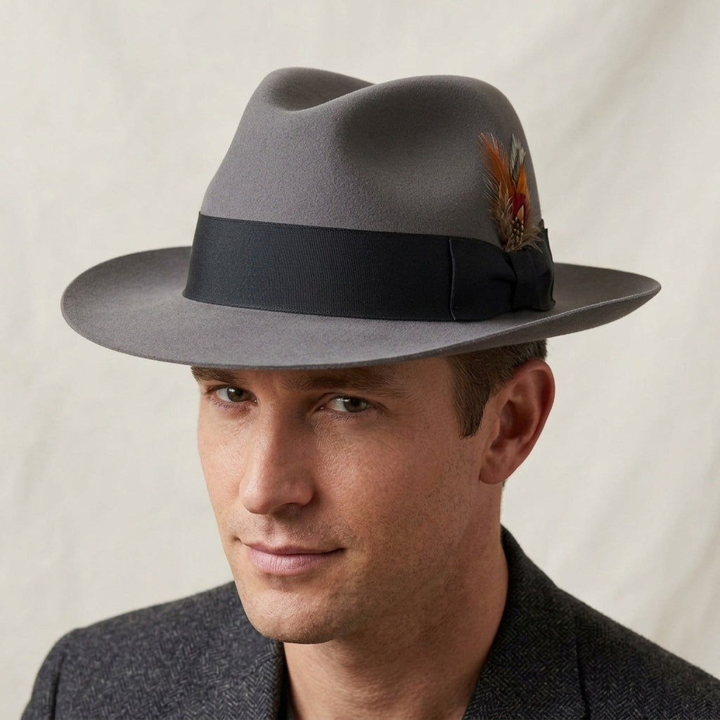Gray Fedora With Black Band and Plumed Feather Detail
