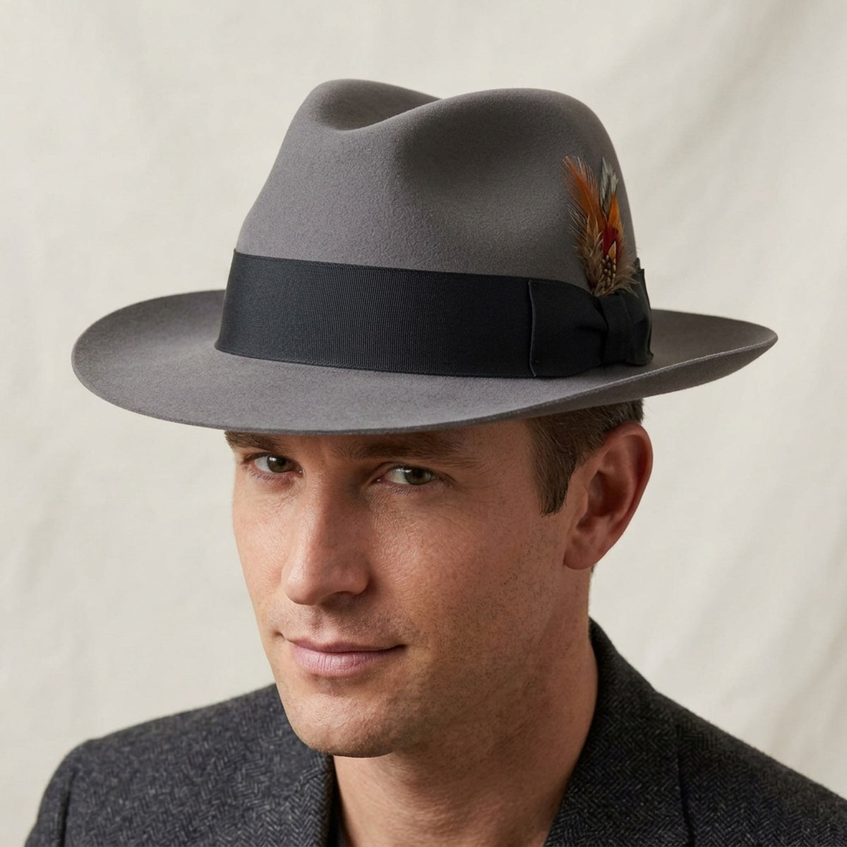 Gray Fedora With Black Band and Plumed Feather Detail