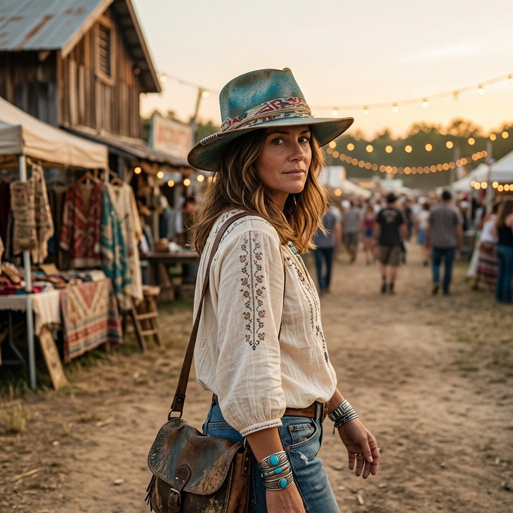 Distressed Teal Felt Western Hat with Patterned Band