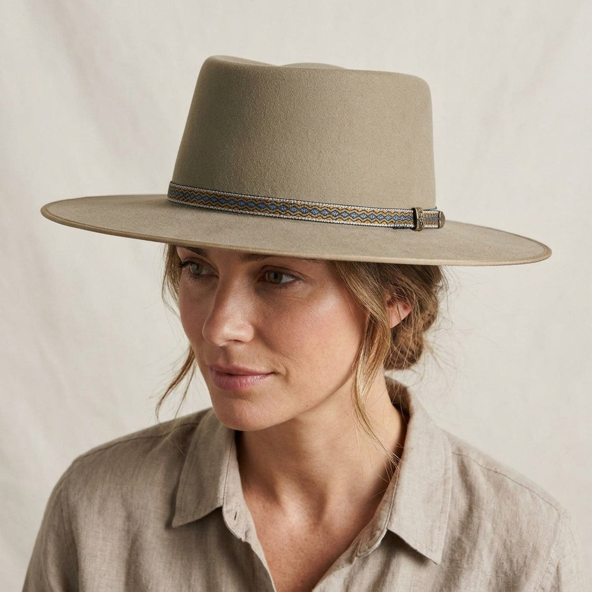 Taupe Wool Felt Fedora with Diamond Pattern Hatband and Wide Brim