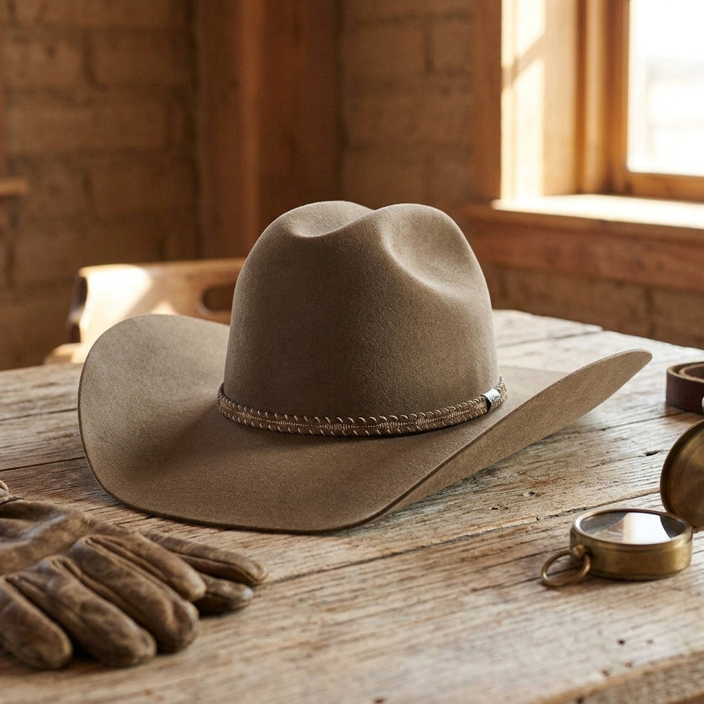 Unisex Tan Wool Felt Cowboy Hat with Braided Band