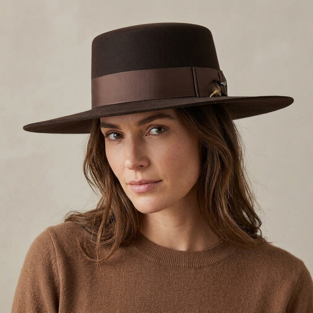 Dark Brown Wool Felt Wide Brim Fedora with Bow Grosgrain Band