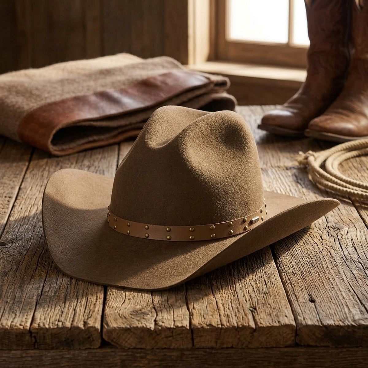 Unisex Brown Wool Felt Cowboy Hat with Studded Leather Band