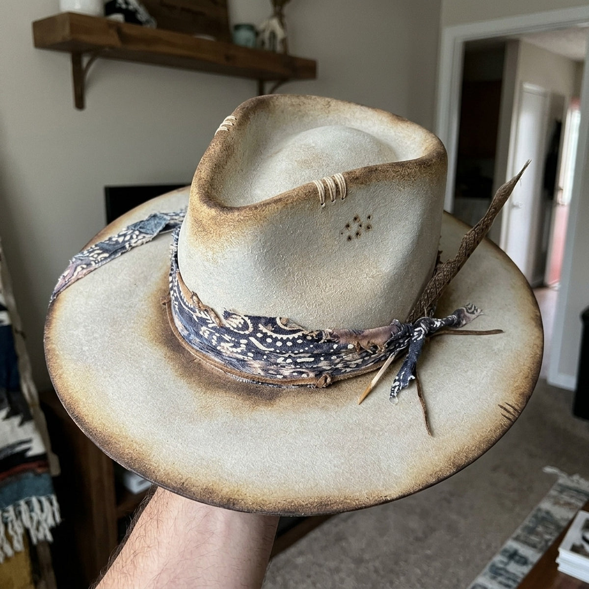 Beige Distressed Western Hat with Paisley Band and Feather