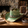 Green Distressed Cowboy Hat Paisley Band Braided Leather Western