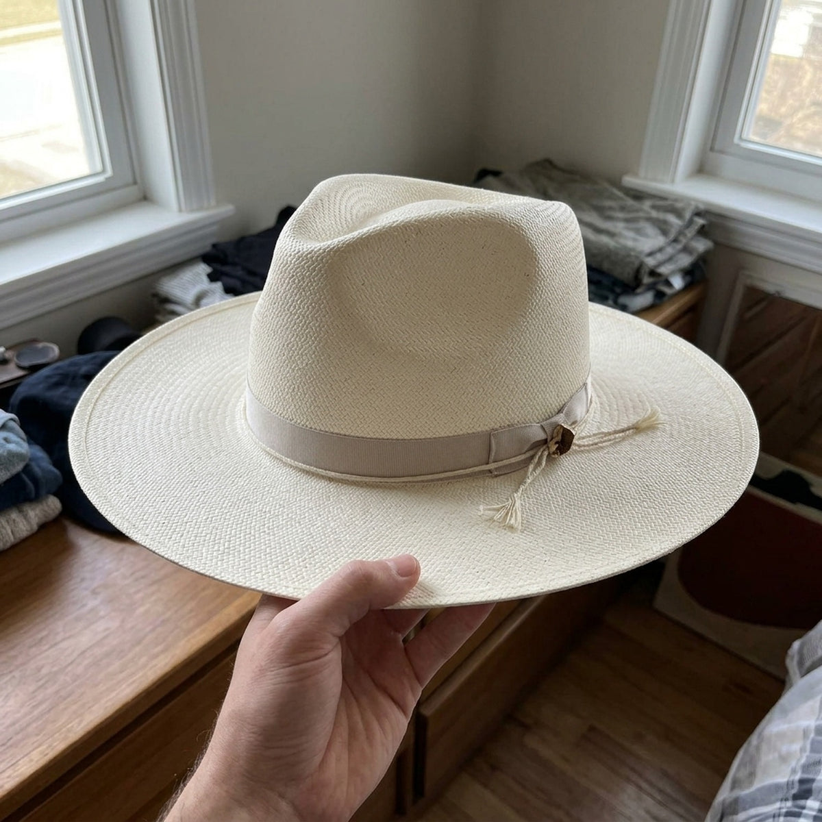 Cream Straw Fedora Hat with Tonal Grosgrain Band and Curved Brim