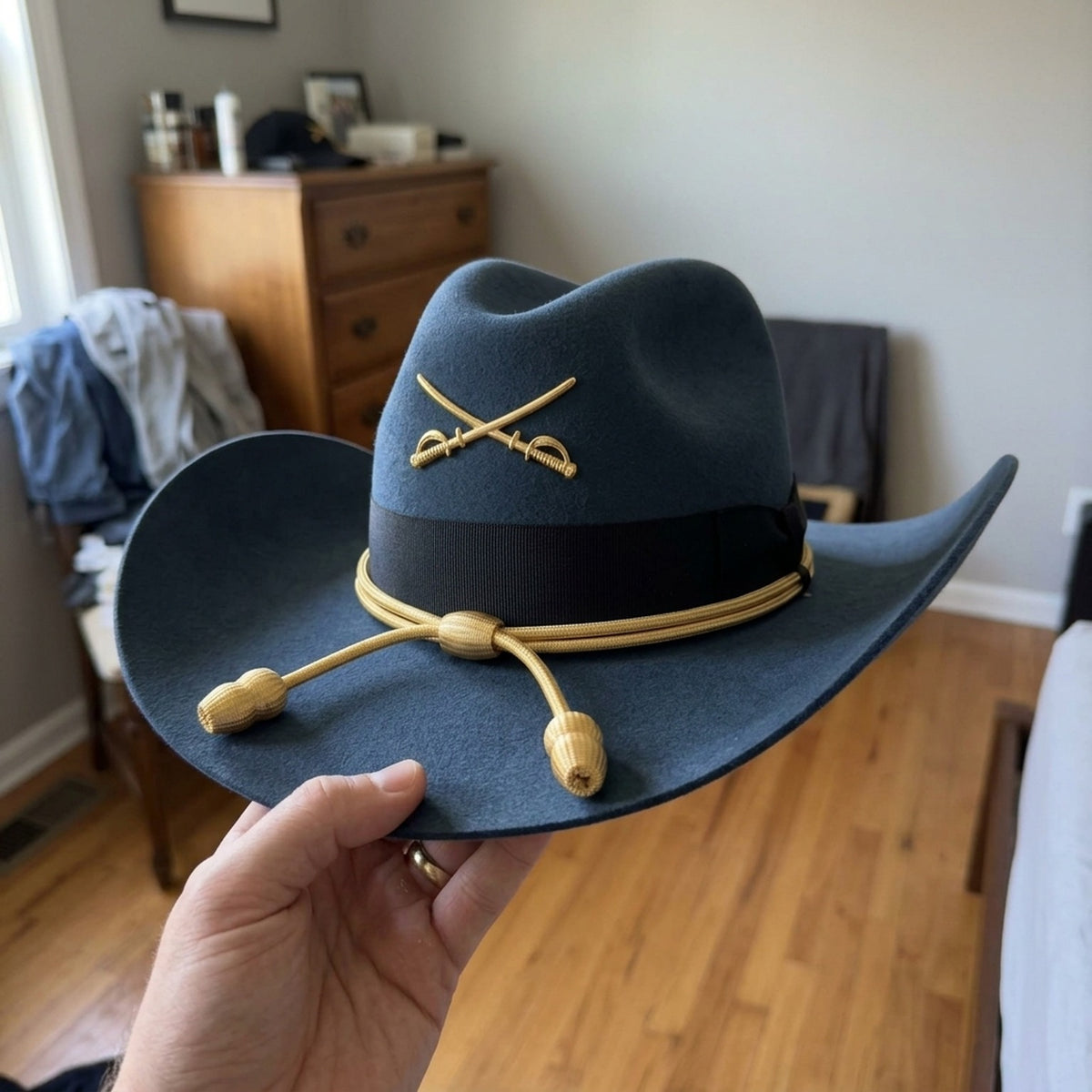 Slate Blue Wool Felt Cowboy Hat with Crossed Sabers Pin