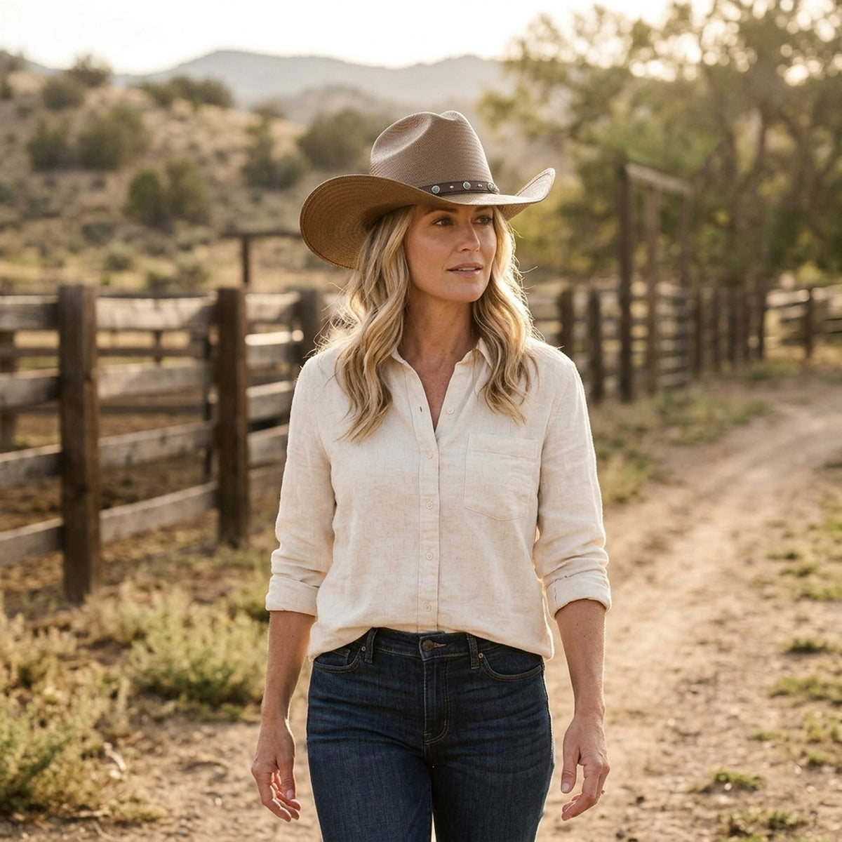 Brown Straw Western Hat with Turquoise Studded Leather Band