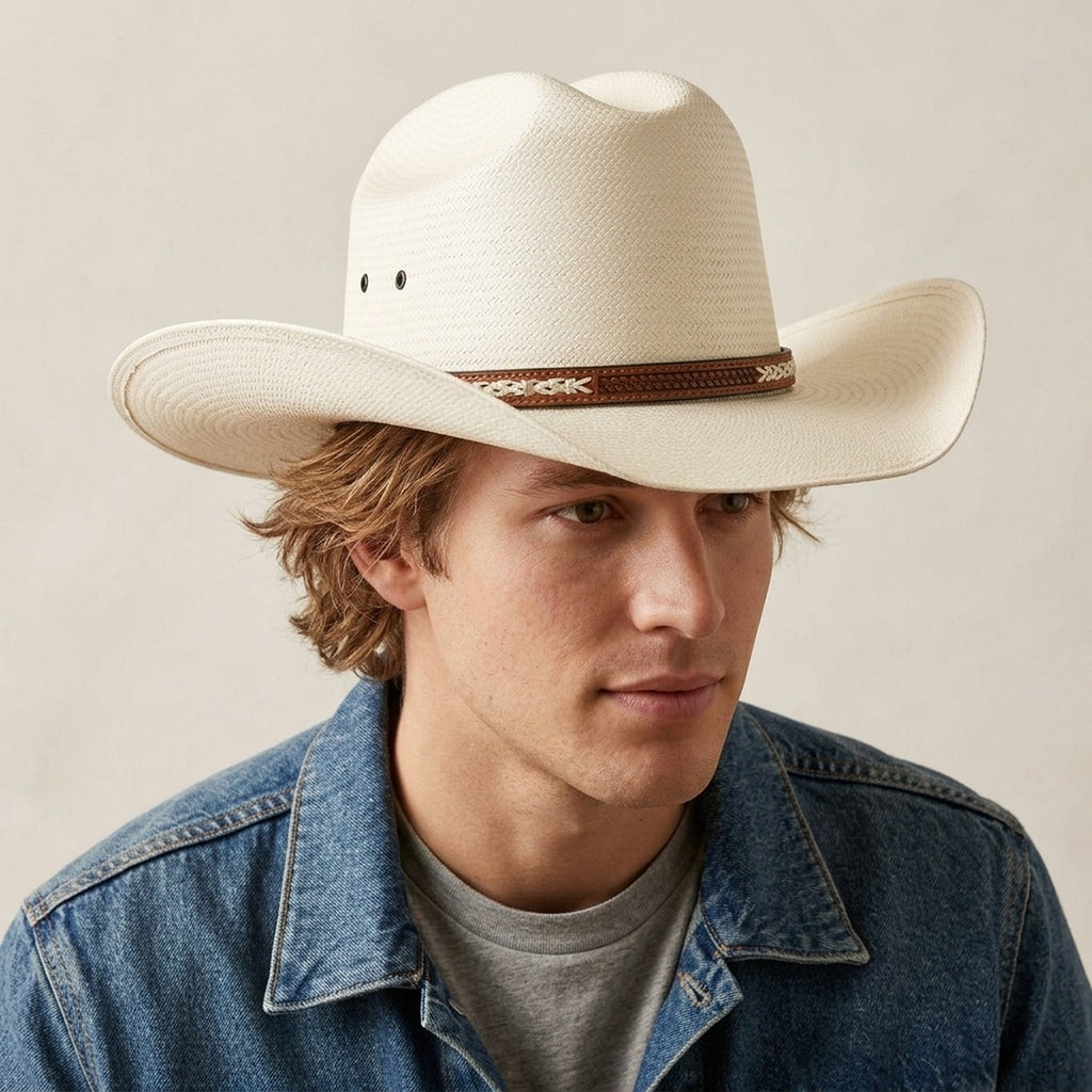 Cream Straw Fedora Hat with Cross-Stitch Leather Hatband