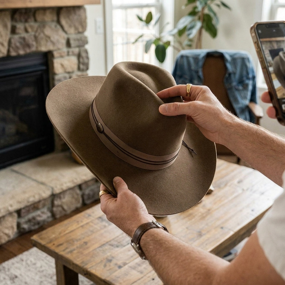 Unisex Taupe Wool Felt Cowboy Hat with Ribbon Band