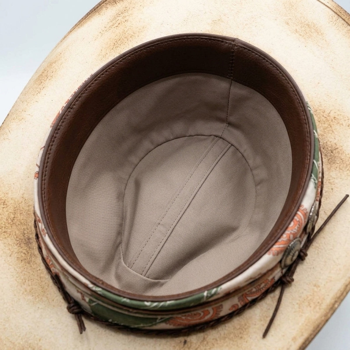 Burnt Cream Cowboy Hat with Paisley Band and Feather Cards