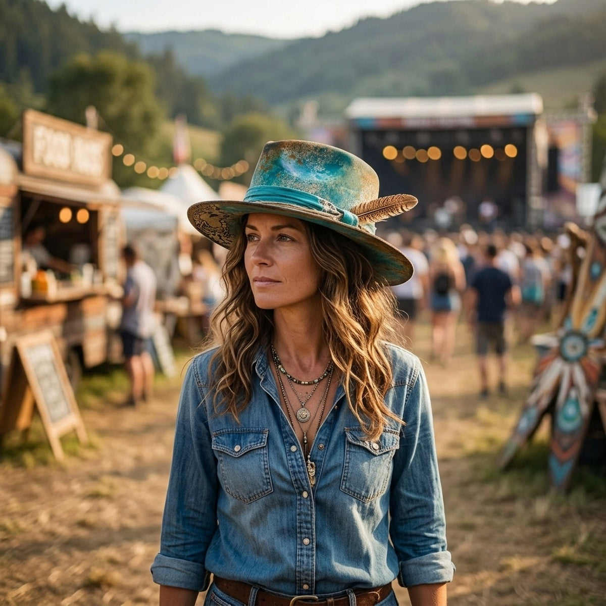Turquoise Felt Western Hat with Dark Band and Striped Feather