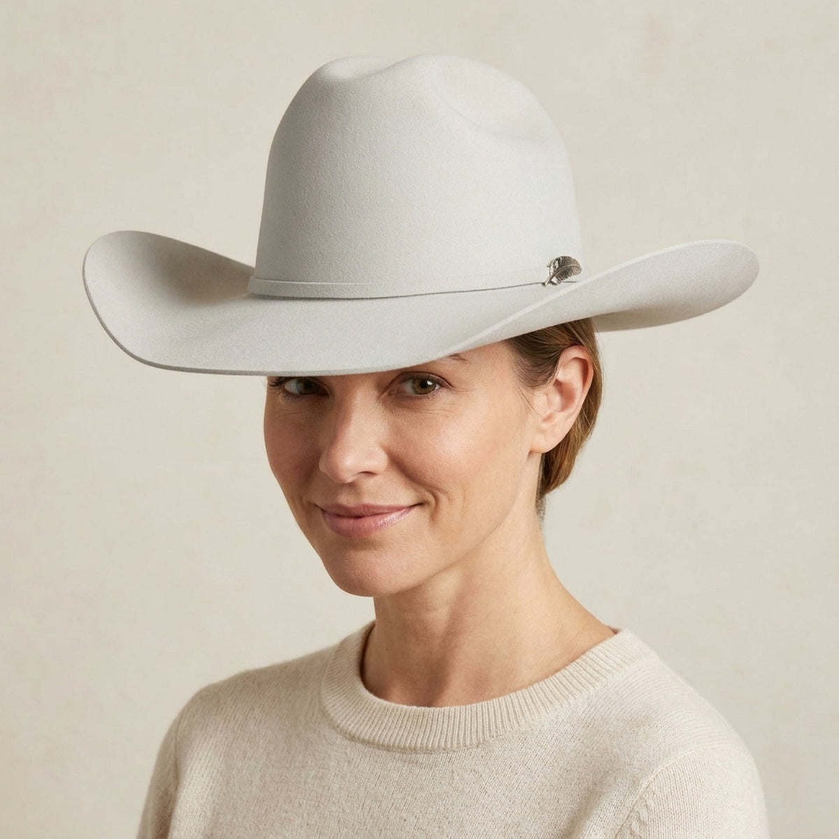 Ivory Wool Felt Western Hat with Matching Leather Band Detail