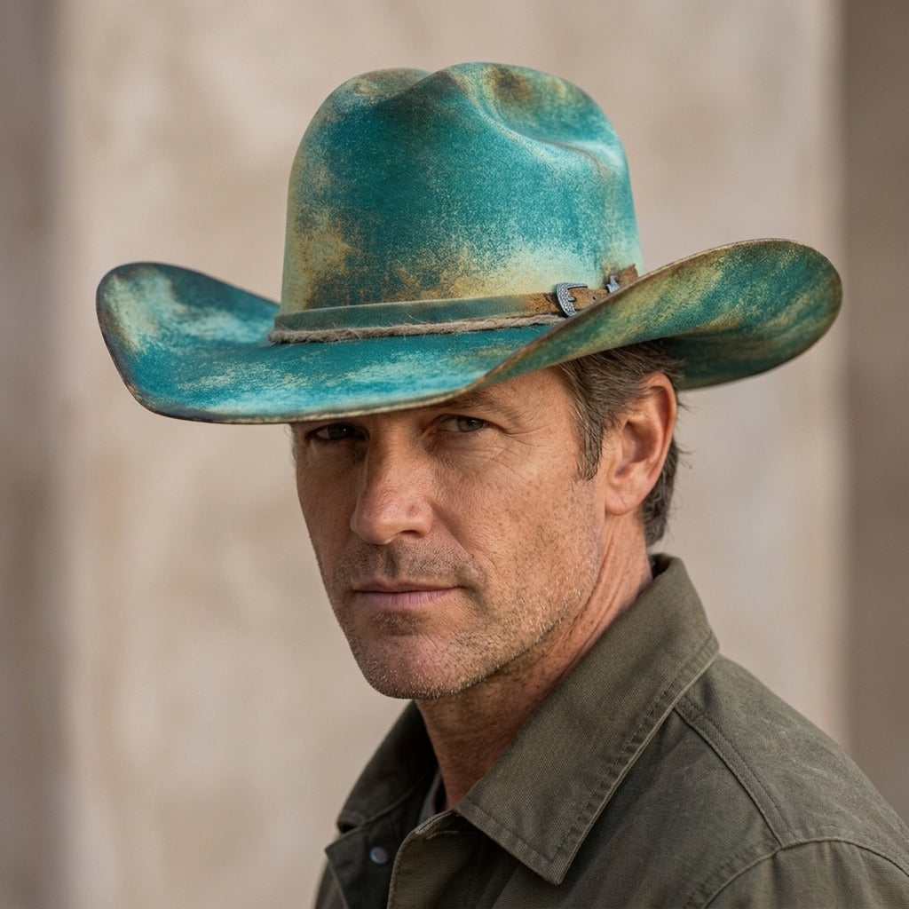 Distressed Teal Cowboy Hat with Leather and Twine Band