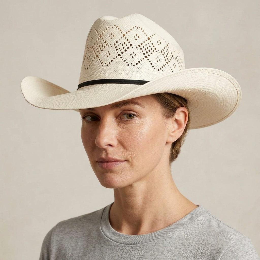 White Straw Sun Hat with Vented Diamond Crown and Grosgrain Band