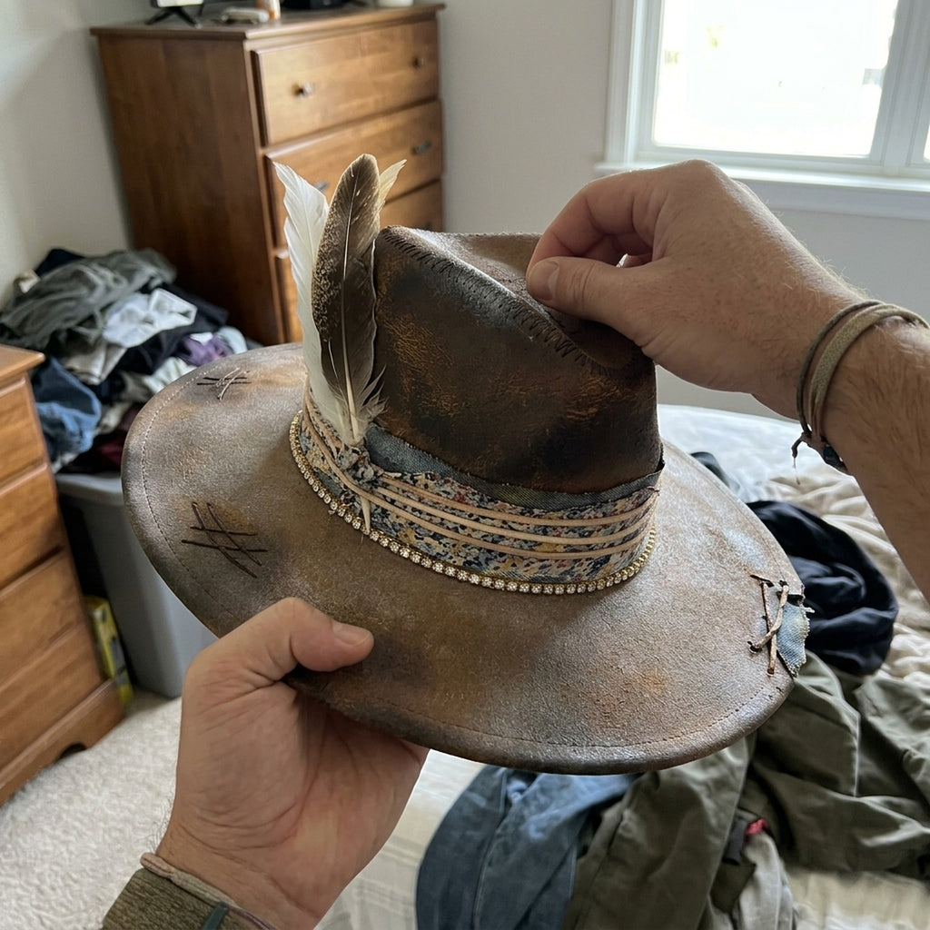 Distressed Brown Felt Western Hat Floral Denim Rhinestone Chain
