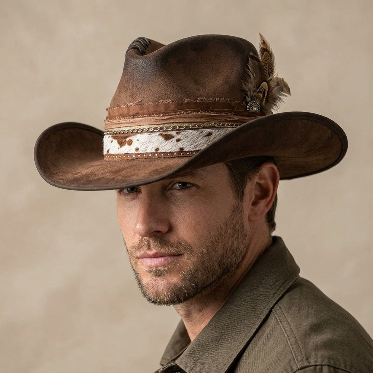 Distressed Brown Felt Western Hat Cowhide Band Silver Chain