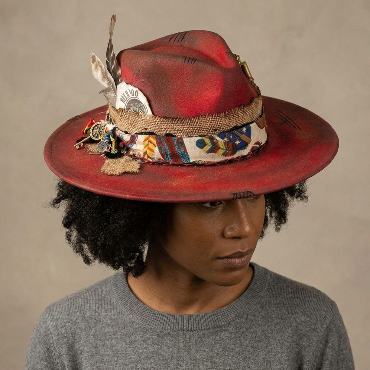 Boho Red Fedora with WILDROO Badge and Charm Details
