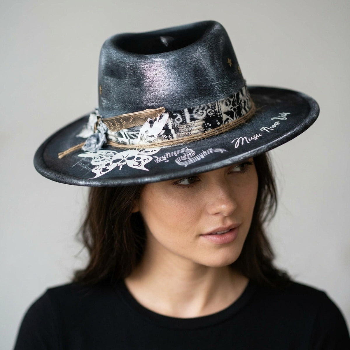 Black Music-Themed Fedora with Skull Butterfly and Bandana