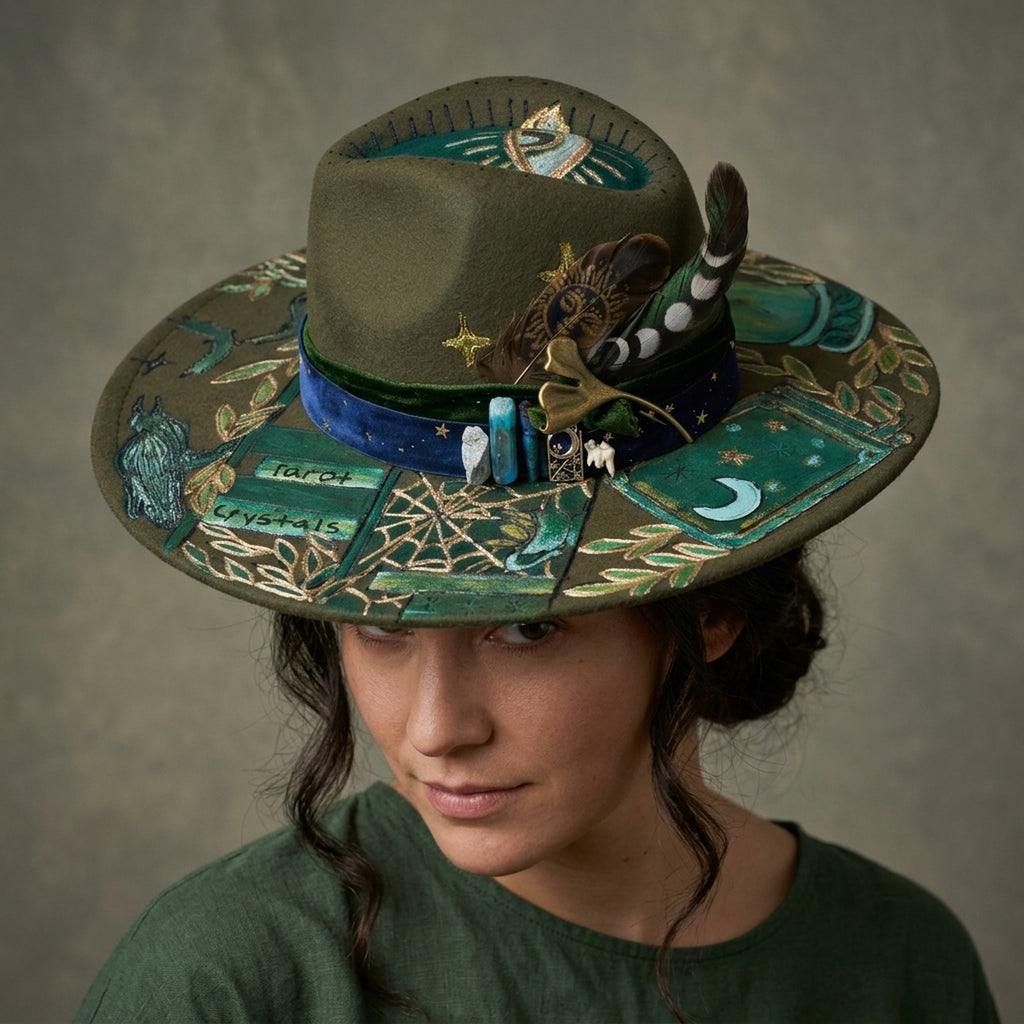 Olive Green Mystical Fedora with Tarot Art, Charms and Feathers