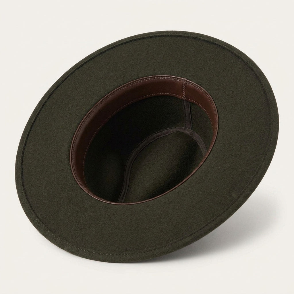 Dark Olive Boho Felt Hat with Cross-Stitched Leather Band