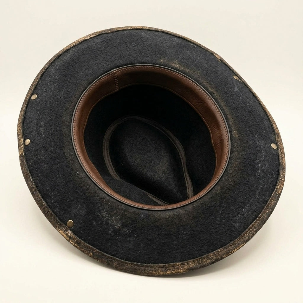 Distressed Black Felt Fedora with Burgundy Band and Metal Studs