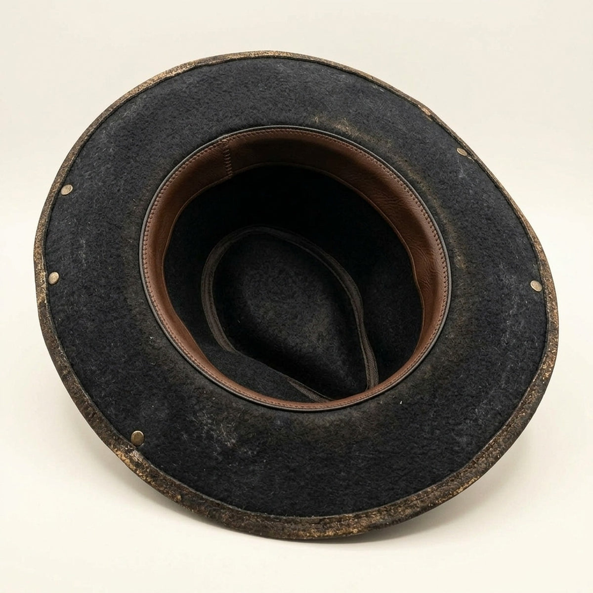 Distressed Black Felt Fedora with Burgundy Band and Metal Studs